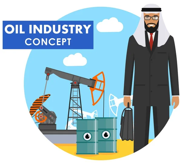 Ölindustrie-Konzept. Detaillierte Illustration arabischer muslimischer Geschäftsleute im Hintergrund mit Ölpumpe und Metallfässern mit Kraftstoff in flachem Stil auf weißem Hintergrund. Vektorillustration. — Stockvektor