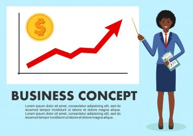 İş kavramı. Beyaz tahta ve Finans analitik grafik üzerinde işaret yakın iş kadını. Kadar yükselen trend çizgisi ile grafik ve düz stil izole olarak dolar işareti ile sikke. Vektör çizim