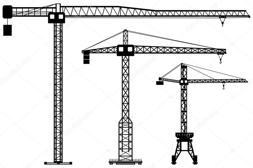 Set of different silhouettes building tower cranes. Heavy equipment and machinery. Construction machine. Vector illustration