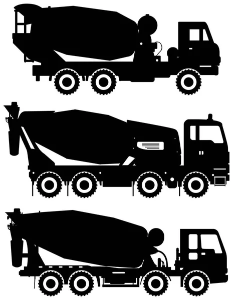 Set of different silhouettes concrete mixer. Heavy construction machines. Vector illustration. — Stock Vector