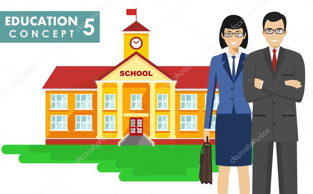 Education concept. Detailed illustration of a school building, male and female teacher in flat style on white background. Vector illustration.