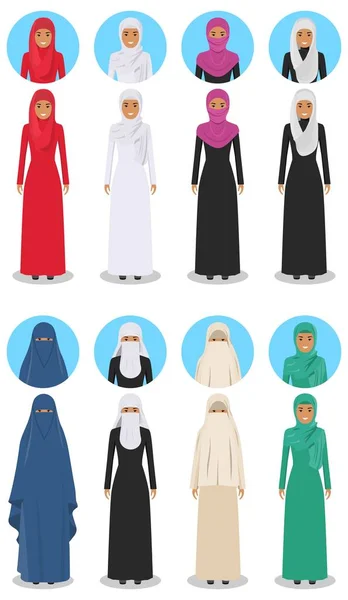 Uppsättning av olika stående arabiska kvinnor i traditionella muslimska arabiska kläder i platt stil. Muslimska, arabiska kläder, east arabian klänning. Skillnader islamiska människor tecken avatarer ikoner. Vektor. — Stock vektor