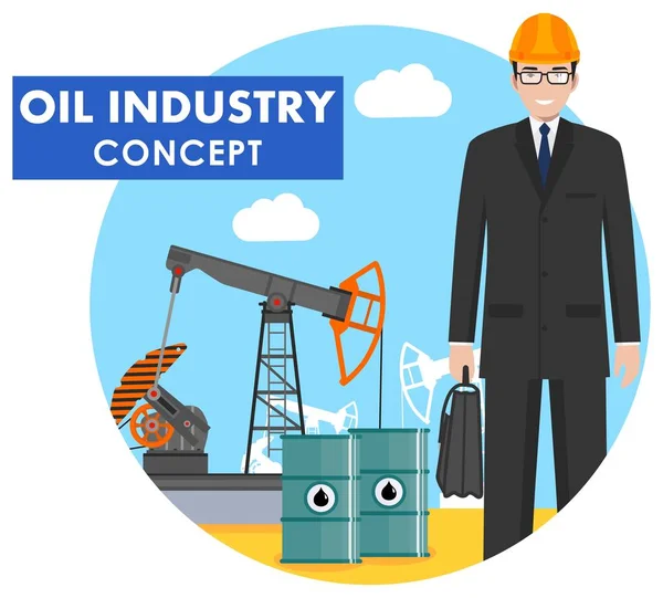 Ölindustrie-Konzept. Detaillierte Illustration des Ingenieurs, Geschäftsmannes im Hintergrund mit Ölpumpe und Fässern mit flachem Treibstoff auf weißem Hintergrund. Vektorillustration. — Stockvektor