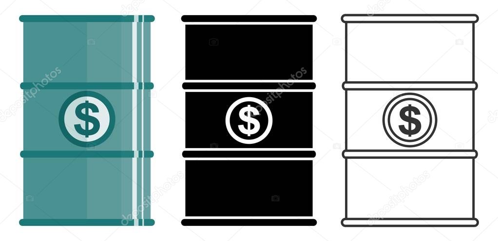 Industry concept. Petroleum barrel with dollar sign. Set of barrels for oils, liquid substances, liquids, fuel in flat style: colored, black silhouette, contour. Simple icon for websites, infographics