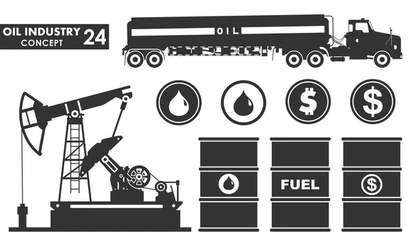 Set Vektor-Symbole der Erdöl-und Ölindustrie Konzept. verschiedene Silhouetten von Benzin-LKW, Ölpumpe, Fass. Dollar und fällt Zeichen. — Stockvektor