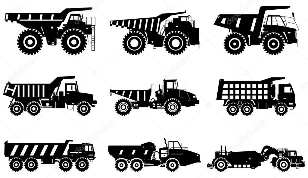 Off-highway trucks. Set of different silhouettes heavy mining machine and construction equipment in flat style on white background. Vector illustration.