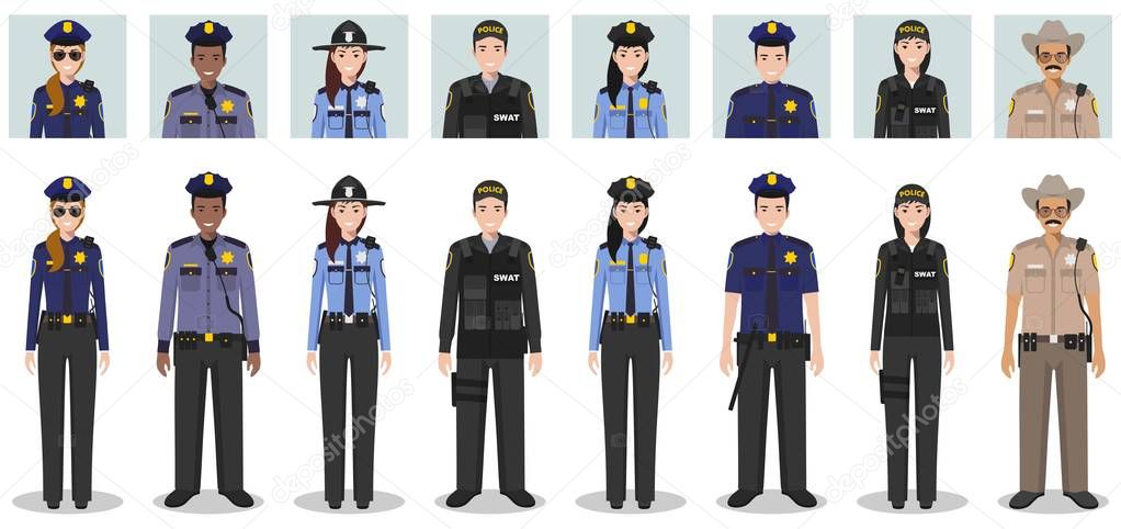 Police people concept. Set of different detailed illustration and avatars icons of SWAT officer, policeman, policewoman and sheriff in flat style on white background. Vector illustration.