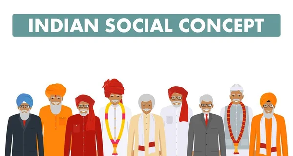 Social concept. Group indian senior people standing together in different traditional national clothes on white background in flat style. Vector illustration. — Stock Vector