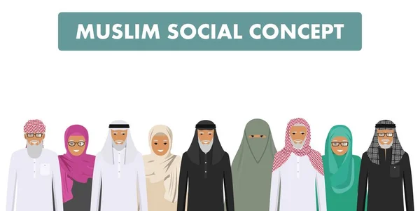 Concepto familiar y social. Grupo de personas musulmanas de edad de pie juntos en diferentes ropas islámicas tradicionales sobre fondo blanco en estilo plano. Hombre y mujer árabes. Ilustración vectorial . — Vector de stock