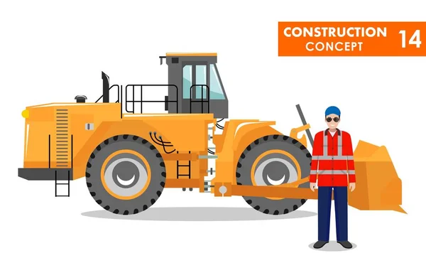 Worker concept. Detailed illustration of workman, driver, miner, builder and wheel dozer in flat style on white background. Heavy mining machine and construction equipment. Vector illustration. — Stock Vector