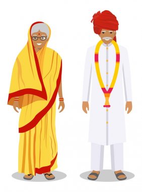 Set of standing together old indian man and woman in the traditional clothing isolated on white background in flat style. Different senior people in the east dress. Vector illustration. clipart