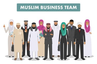 İş ve sosyal kavramı. Müslüman gençler birlikte düz tarzında beyaz arka plan üzerinde farklı İslami giyim ayakta grup. Arap iş adamı ve iş kadını. Vektör.