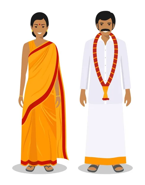 Набор стоя вместе индийский мужчина и женщина в традиционной одежде изолированы на белом фоне в плоском стиле. Разные люди на востоке одеваются. Векторная иллюстрация . — стоковый вектор