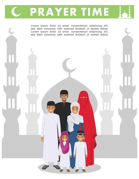 Prayer time. Family and religion concept. Arab people standing together in traditional muslim clothes on background with silhouette of mosque and minarets in flat style. Vector illustration.