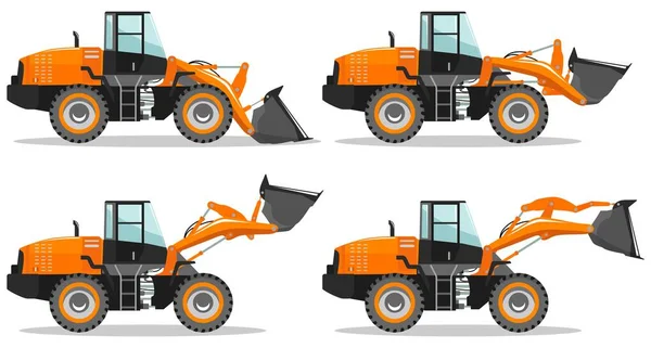 Cargador de ruedas con diferente posición de pluma. Ilustración detallada de maquinaria pesada de minería y equipos de construcción. Ilustración vectorial . — Vector de stock