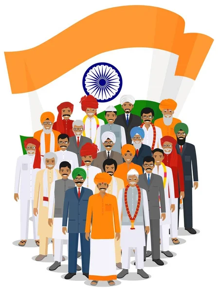 Concetto sociale. Gruppo indiano adulti e anziani in piedi insieme in diversi vestiti tradizionali nazionali su sfondo con bandiera in stile piatto. Illustrazione vettoriale . — Vettoriale Stock