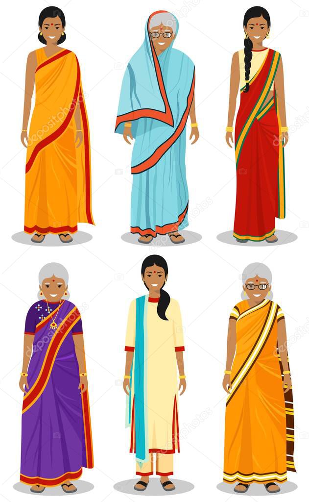 Indian woman. Set of different standing old, adult and young women in the traditional national clothing isolated on white background in flat style. Differences people in the east dress. Vector.