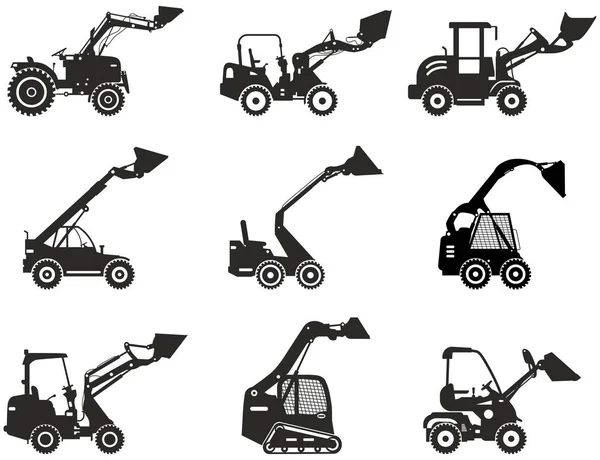 Set of skid steer loaders. Silhouette of heavy construction equipment and mining machine in flat style on the white background. Building machinery. Special equipment. Vector illustration. — Stock Vector