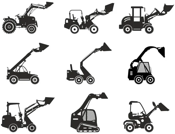 Een set schrankladers. Silhouet van zware bouwmachines en mijnbouwmachines in vlakke stijl op de witte achtergrond. Bouwmachines. Speciale uitrusting. Vectorillustratie. — Stockvector