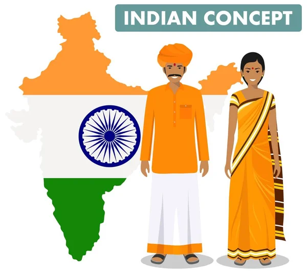 Family and social concept. Set of couple standing together indian man and woman in different traditional national clothes on background with map of India with national flag inside. Vector illustration — Stock Vector