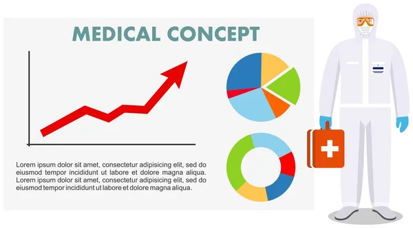 Tıbbi konsept. Beyaz koruyucu takım elbiseli, beyaz panonun yanında duran, analitik çizelge ve grafik çizelgesiyle maske takan, eğilim çizgisi yükselen bir adamın ayrıntılı çizimi. Virüs, enfeksiyon, salgın. — Stok Vektör