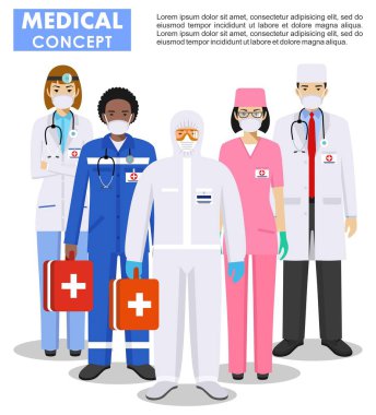 Medical concept. Detailed illustration of doctor and nurses in protective suit and mask in flat style. Dangerous profession. Virus, infection, epidemic, quarantine. Vector illustration. clipart