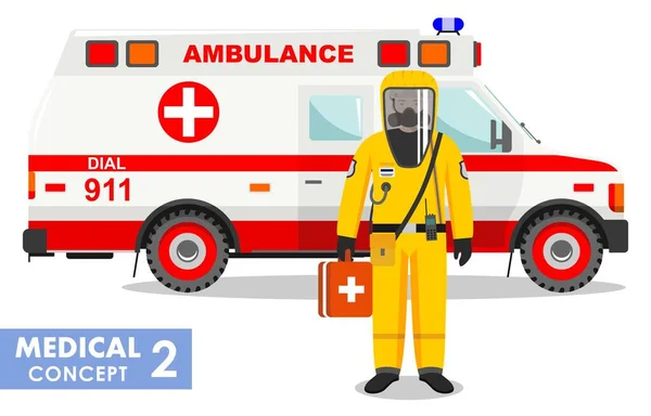 Detailed Illustration Medical People Yellow Protective Suit Mask Ambulance Car — Stock Vector