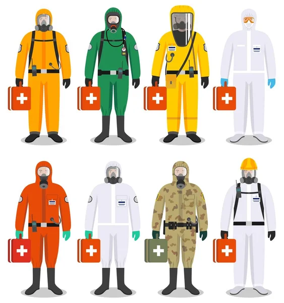 Σύνολο Πολύχρωμα Διαφορετικά Ιατρικά Άτομα Διαφορές Προστατευτικές Στολές Επίπεδο Στυλ — Διανυσματικό Αρχείο