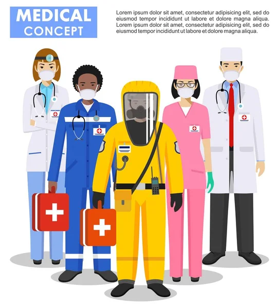 白い背景にフラットスタイルで保護スーツやマスクの医療人の詳細なイラスト ウイルス感染流行隔離 ベクターイラスト — ストックベクタ