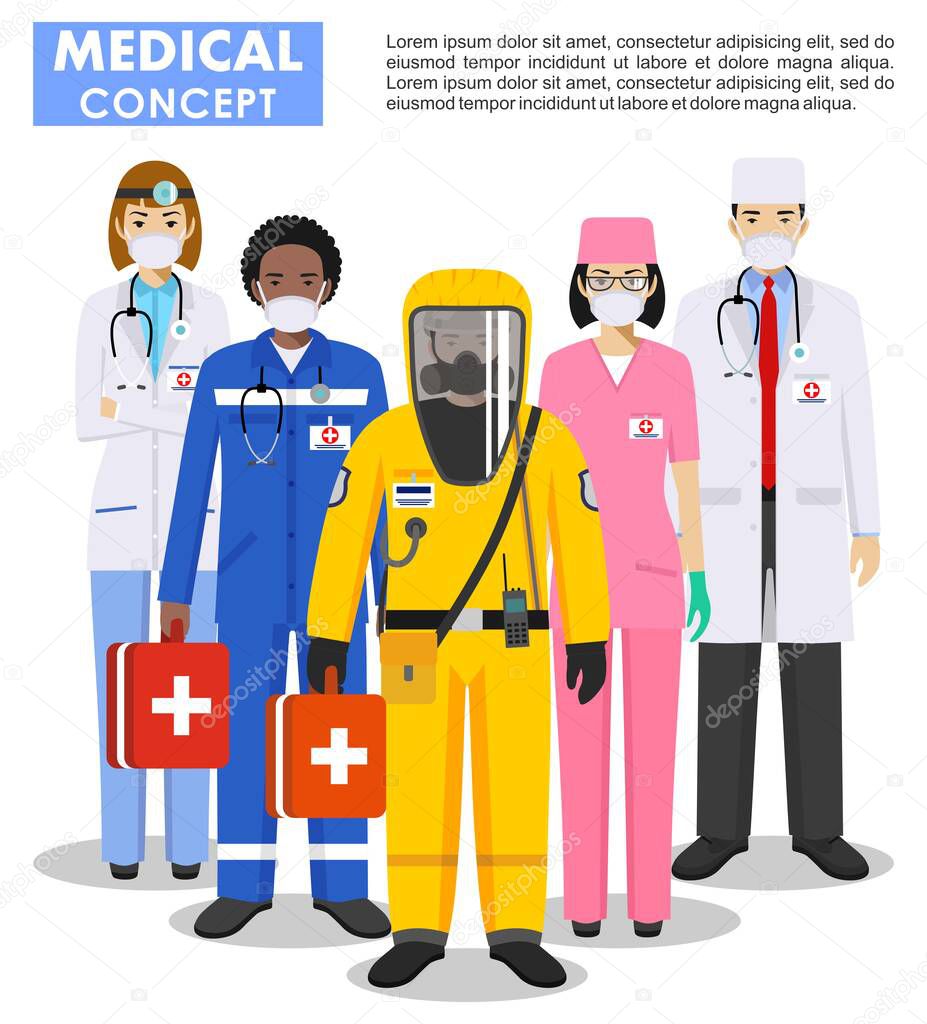 Detailed illustration of medical people in protective suit and mask in flat style on white background. Virus, infection, epidemic, quarantine. Vector illustration.