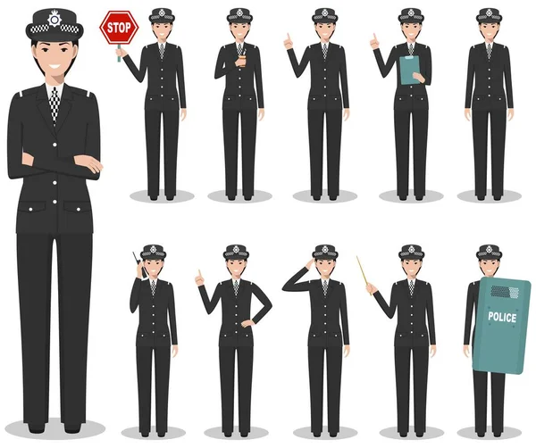 Set Different Detailed Illustration Great Britain Policewoman Standing Different Positions — Stock Vector