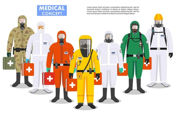 Concept médical. Illustration détaillée différents médecins en différentes combinaisons de protection et masques sur fond blanc dans un style plat. Profession dangereuse. Virus, infection, épidémie, quarantaine . — Image vectorielle