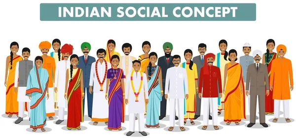 Family and social concept. Group indian people standing together in different traditional clothes on white background in flat style. Vector illustration. — Stock Vector