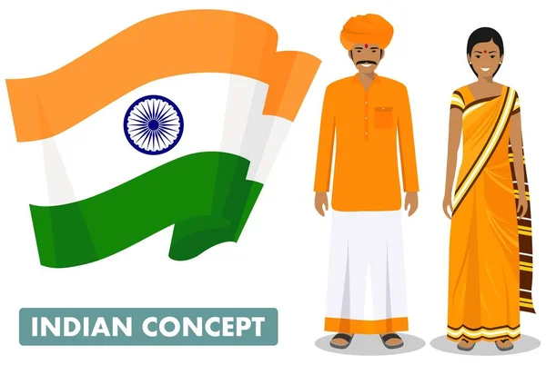 Family and social concept. Set of couple standing together indian man and woman in different traditional national clothes with flag of India. Vector illustration. — Stock Vector
