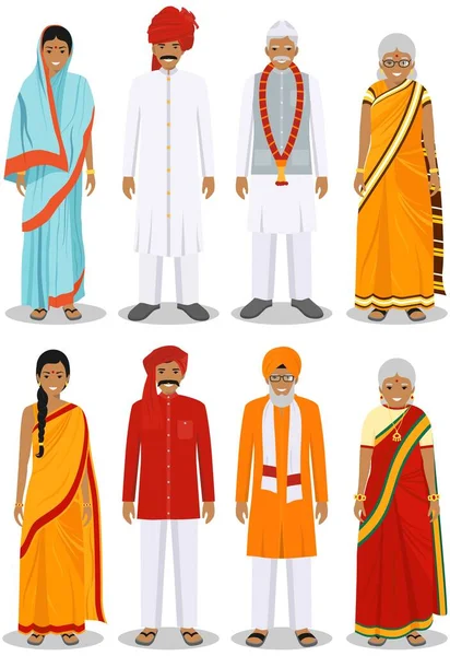 Satz von verschiedenen stehenden indischen alten Menschen in der traditionellen Kleidung isoliert auf weißem Hintergrund in flachem Stil. Unterschiede zwischen älteren Männern und Frauen in der nationalen Ost-Kleidung. Vektorillustration. — Stockvektor