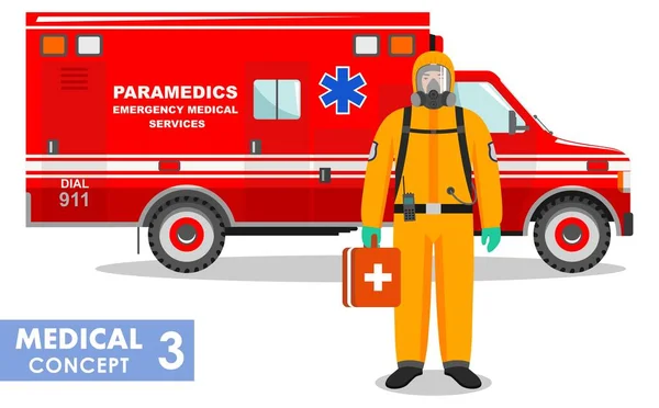 Medical concept. Detailed illustration of emergency doctor in protective suit and mask near ambulance car in flat style background. Dangerous profession. Virus, infection, epidemic, quarantine. Vector — Stock Vector