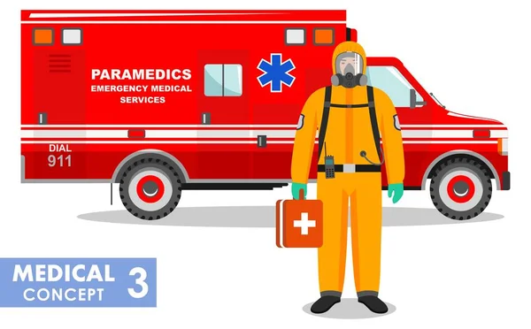 Medizinisches Konzept. Detaillierte Illustration des Notarztes in Schutzanzug und Maske in der Nähe des Rettungswagens im flachen Hintergrund. Gefährlicher Beruf. Virus, Infektion, Epidemie, Quarantäne. Vektor — Stockvektor