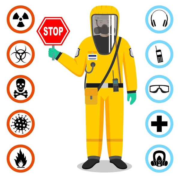 Tıbbi konsept. Ayakta duran doktor illüstrasyonunda dur işareti var. Sarı koruyucu takım elbiseli ve maskeli adam. Tehlikeli bir meslek. Virüs, enfeksiyon, salgın, karantina. Güvenlik ve sağlık vektörü simgeleri — Stok Vektör