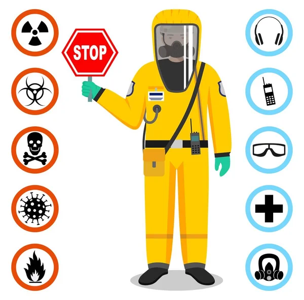 Concepto médico. Ilustración de pie médico sostiene una señal de stop. Hombre con traje protector amarillo y máscara. Profesión peligrosa. Virus, infección, epidemia, cuarentena. Iconos vectoriales de seguridad y salud — Archivo Imágenes Vectoriales