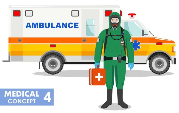 Lékařský koncept. Detailní ilustrace pohotovostního lékaře v ochranném obleku a masce v blízkosti sanitního vozu v plochém stylu pozadí. Nebezpečné povolání. — Stockový vektor