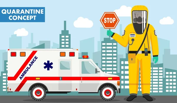 Karantän och medicinskt koncept. Detaljerad illustration av akutläkare i skyddsdräkt och mask nära ambulans bil på bakgrund med stadsbild. Virus, infektion, epidemi. Vektorillustration. — Stock vektor