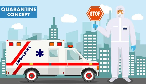 Karantän och medicinskt koncept. Detaljerad illustration av akutläkare i skyddsdräkt och mask nära ambulans bil på bakgrund med stadsbild. Vektorillustration. — Stock vektor
