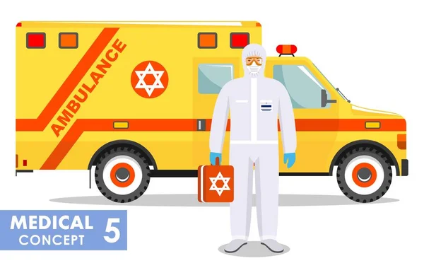 Tıbbi konsept. Koruyucu takım elbiseli Yahudi acil servis doktorunun ayrıntılı çizimi ve düz arka planda ambulans arabasının yanında maske. Virüs, enfeksiyon, salgın, karantina. Vektör illüstrasyonu. — Stok Vektör