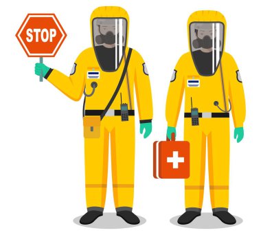 Medical concept. Couple of doctors man and woman standing together in protective suits and masks. Virus, infection, epidemic, quarantine. Dangerous profession. Vector illustration. clipart