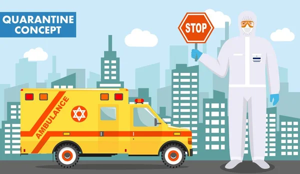 Karantina ve tıbbi konsept. Koruyucu takım elbiseli Yahudi doktorun detaylı bir çizimi ve arka planda acil ambulans arabası ve şehir manzaralı bir maske. Virüs, enfeksiyon, salgın. Vektör — Stok Vektör