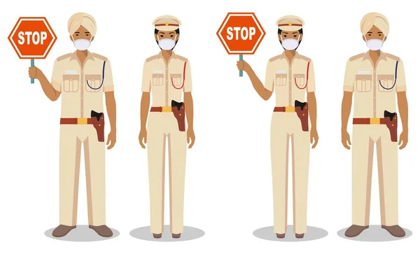 Kilku Indiańskich Policjantów Tradycyjnych Mundurach Maskach Ochronnych Odizolowanych Białym Tle — Wektor stockowy