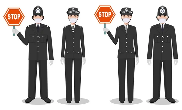 Casal Policiais Britânicos Uniformes Tradicionais Máscaras Protetoras Isoladas Fundo Branco —  Vetores de Stock