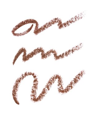 Göz kalemi, kaş kahverengi kalem izi, leke izi izi. Beyaza izole edilmiş. Makyaj malzemesi kalem koleksiyonu. Göz kalemi eğrisi çizgisi. Güzellik ürünü dokusu uydur. Kadın makyaj kalemi