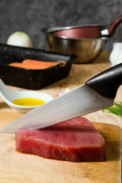 Piece Tuna Meat Wooden Board Hand Cutting Knife Stock Image