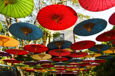 Birçok renkli Şemsiye kağıttan yapılmıştır. Kuzey Tayland 'da Buda' ya taparlardı..